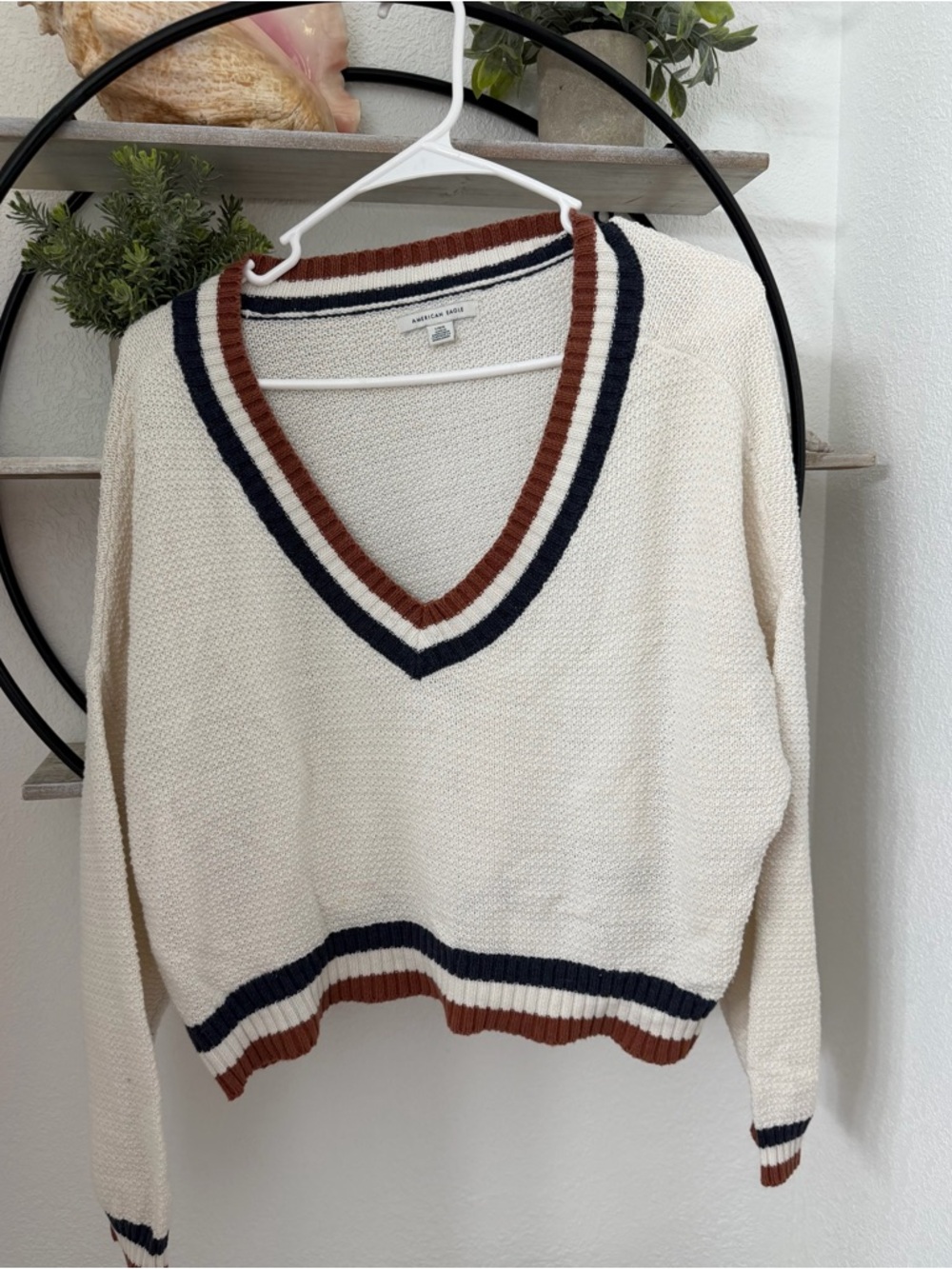 American Eagle Outfitters Cream V-Neck Sweater with Navy & Rust Trim